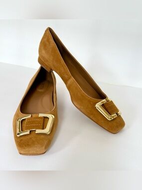 Talbots Sutton Camel Suede Flats‎ with Gold Buckle